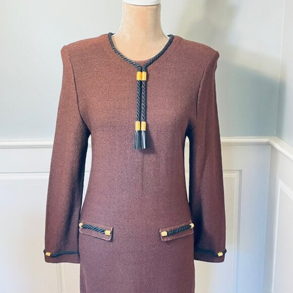 Steve Fabrikant Vintage 80's Wool Knit Dress Espresso & Black Gold Accents Small - Picture 2 of 12